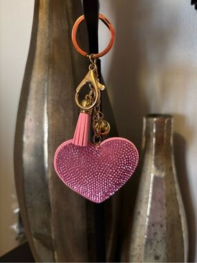 Pink Heart Tassel Keychain with Crystal Accents